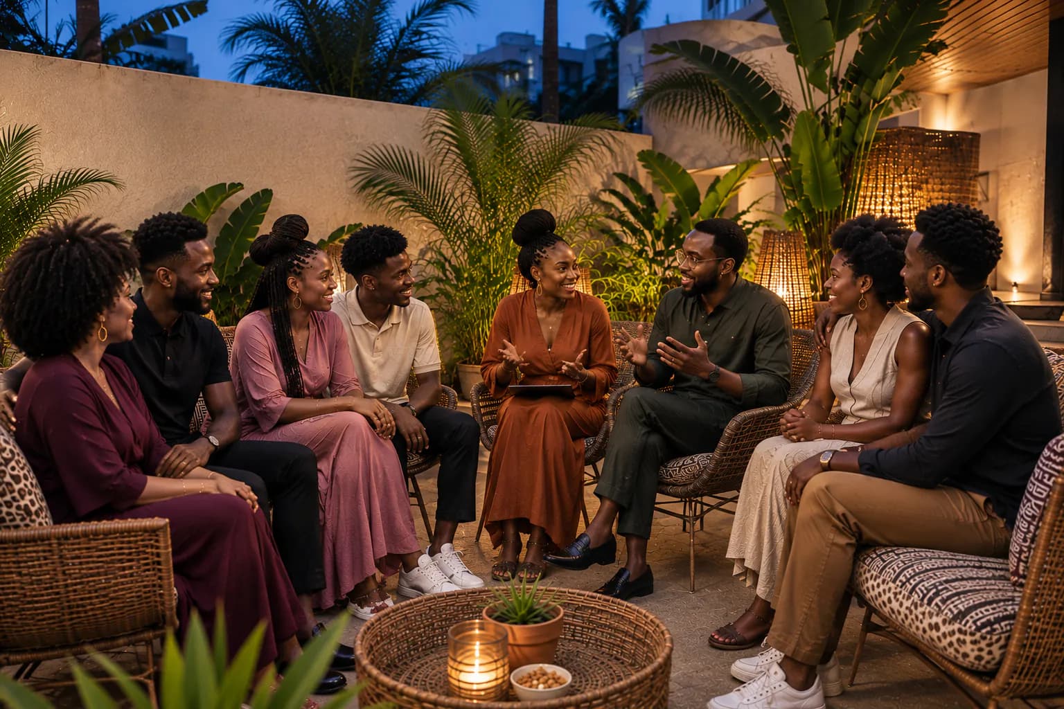 Friends gathered in conversation at a hosted evening circle in a lantern-lit Accra courtyard