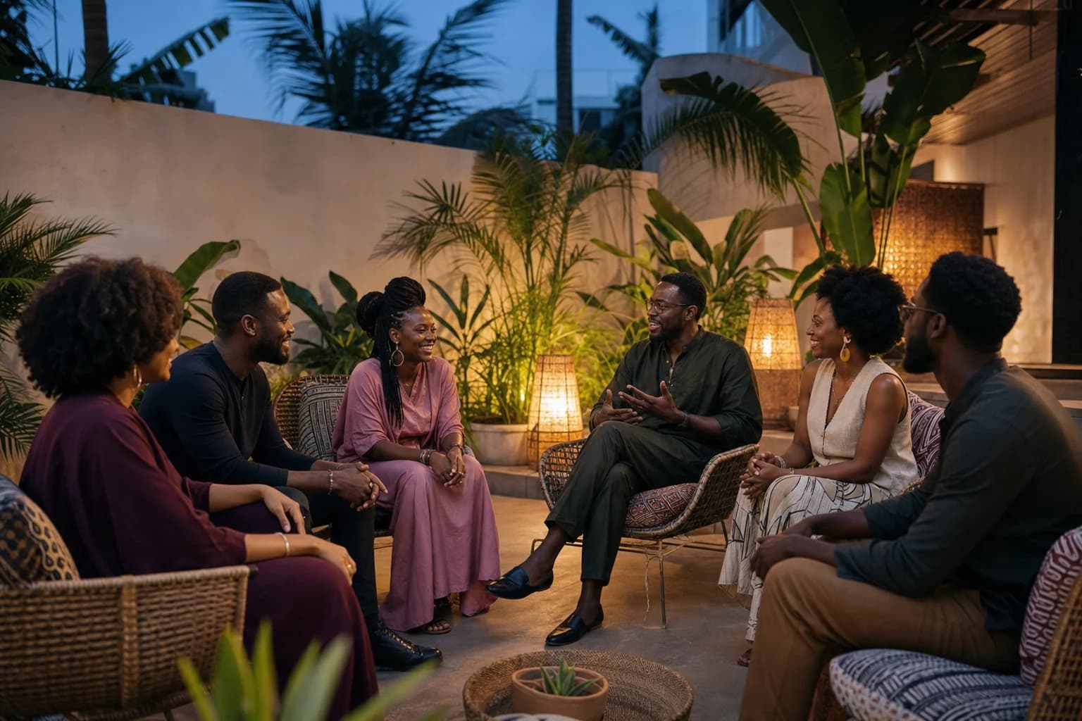 Friends sharing a hosted evening circle in an Accra courtyard